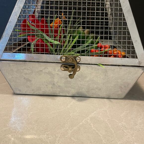 Galvanized metal faux flower terrarium cottage country home decor latch to open - Picture 6 of 8